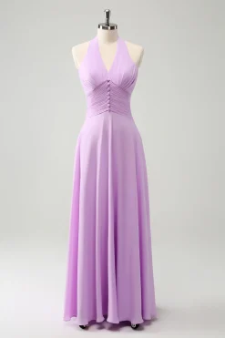 Roxo A Line Halter Chiffon Long Backless Vestido de Dama de Honra