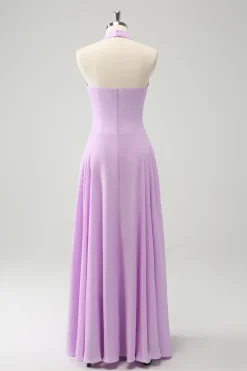 Roxo A Line Halter Chiffon Long Backless Vestido de Dama de Honra