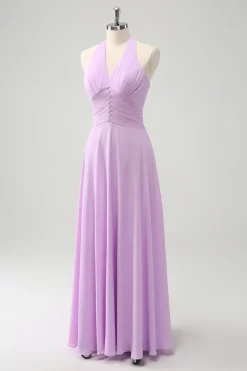 Roxo A Line Halter Chiffon Long Backless Vestido de Dama de Honra