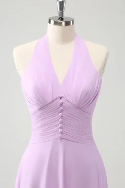 Roxo A Line Halter Chiffon Long Backless Vestido de Dama de Honra
