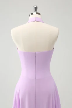 Roxo A Line Halter Chiffon Long Backless Vestido de Dama de Honra