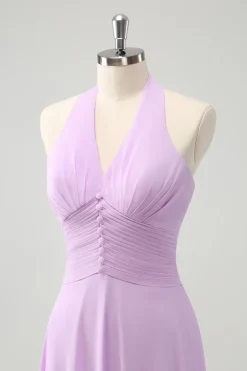 Roxo A Line Halter Chiffon Long Backless Vestido de Dama de Honra