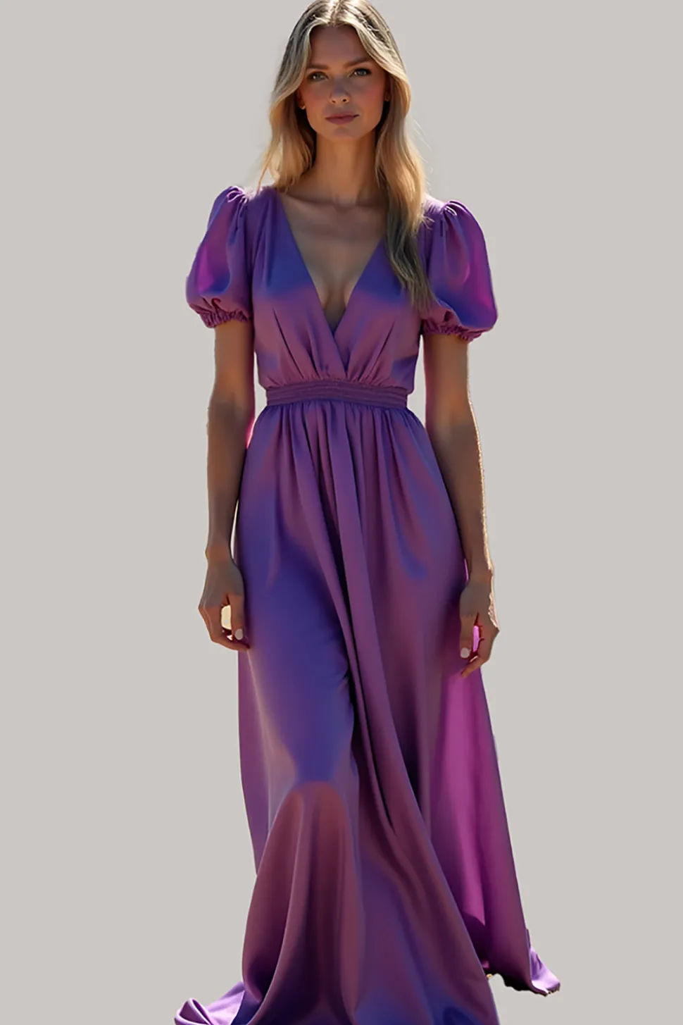 Roxo A Line Puff Mangas Backless Long Bridesmaid Dress