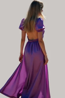 Roxo A Line Puff Mangas Backless Long Bridesmaid Dress
