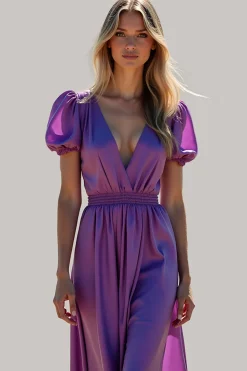 Roxo A Line Puff Mangas Backless Long Bridesmaid Dress