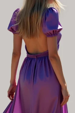 Roxo A Line Puff Mangas Backless Long Bridesmaid Dress