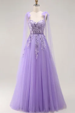 Roxo A Line Sequin Lace Up Back Tulle Long Prom Dress com alças de laço