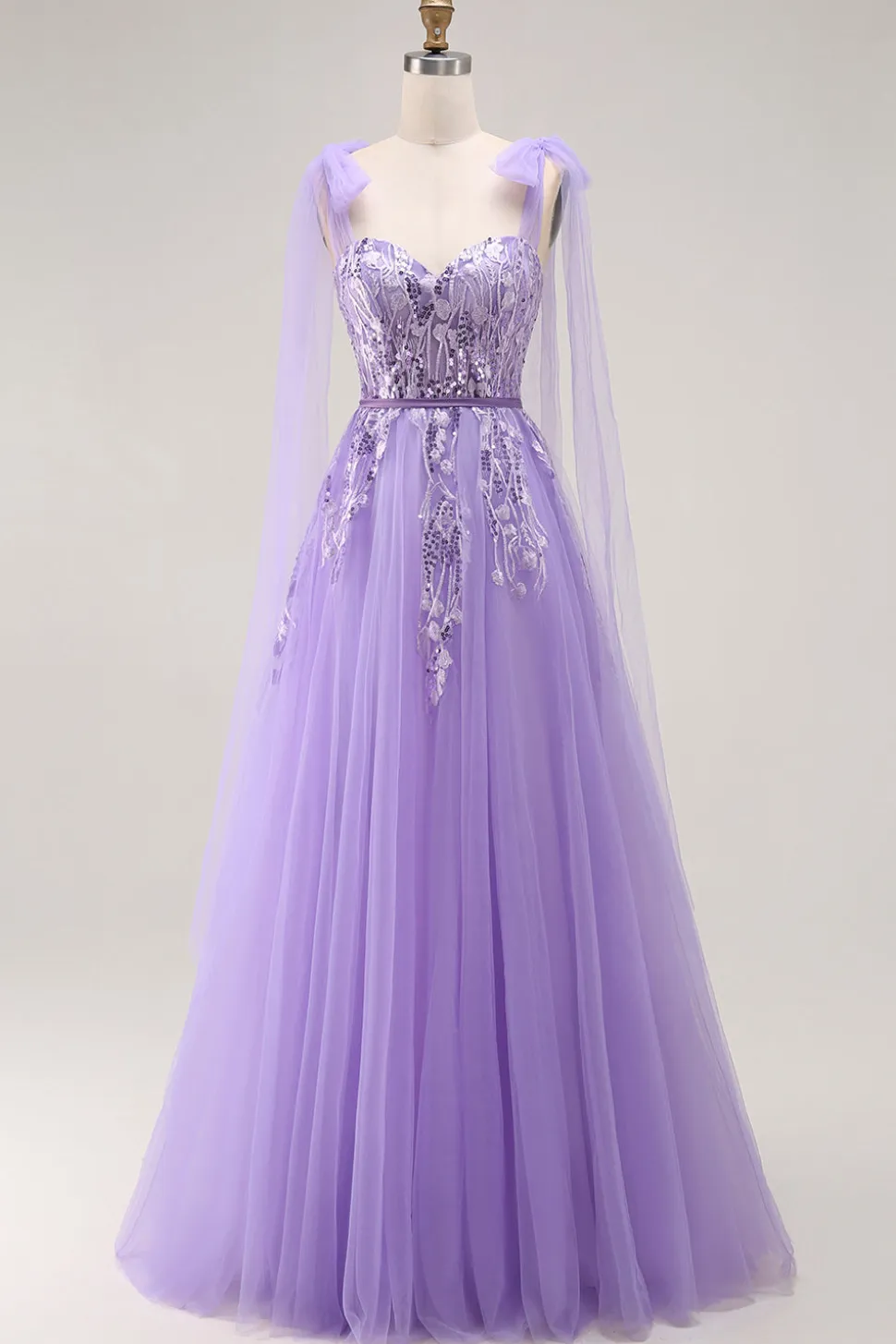 Roxo A Line Sequin Lace Up Back Tulle Long Prom Dress com alças de laço