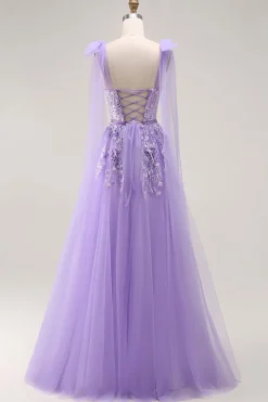 Roxo A Line Sequin Lace Up Back Tulle Long Prom Dress com alças de laço