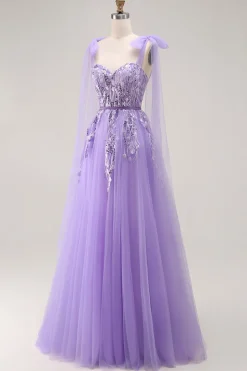 Roxo A Line Sequin Lace Up Back Tulle Long Prom Dress com alças de laço