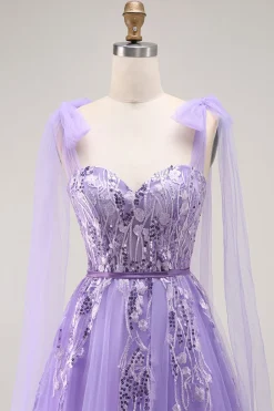 Roxo A Line Sequin Lace Up Back Tulle Long Prom Dress com alças de laço