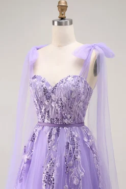 Roxo A Line Sequin Lace Up Back Tulle Long Prom Dress com alças de laço