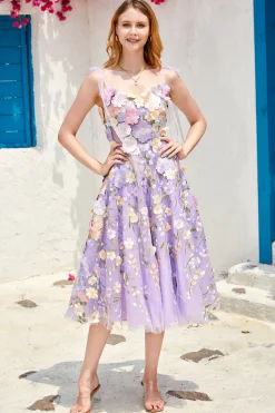 Roxo A Line Tea Length Prom Dress com flores 3D