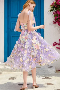 Roxo A Line Tea Length Prom Dress com flores 3D