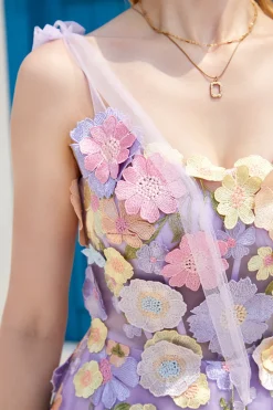 Roxo A Line Tea Length Prom Dress com flores 3D