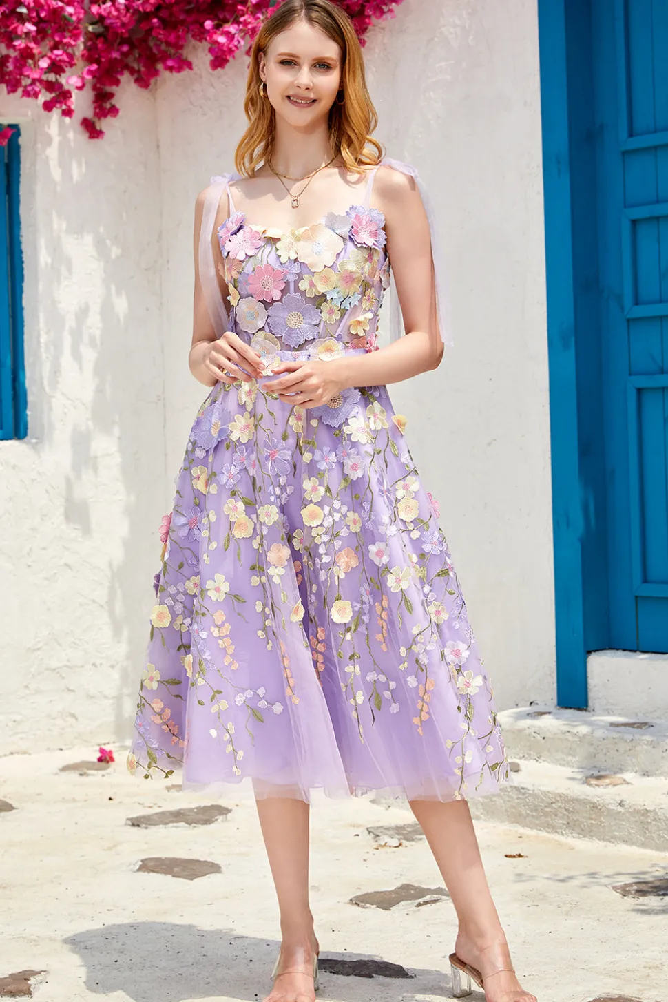 Roxo A Line Tea Length Prom Dress com flores 3D