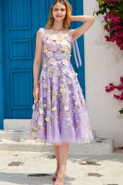 Roxo A Line Tea Length Prom Dress com flores 3D