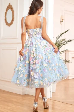 Roxo A Line Tea Length Prom Dress com flores 3D