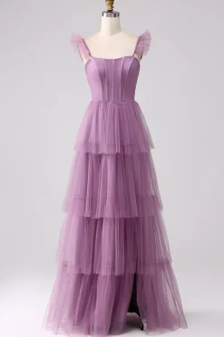 Roxo A Line Tulle Tiered plissado longo vestido de baile com fenda