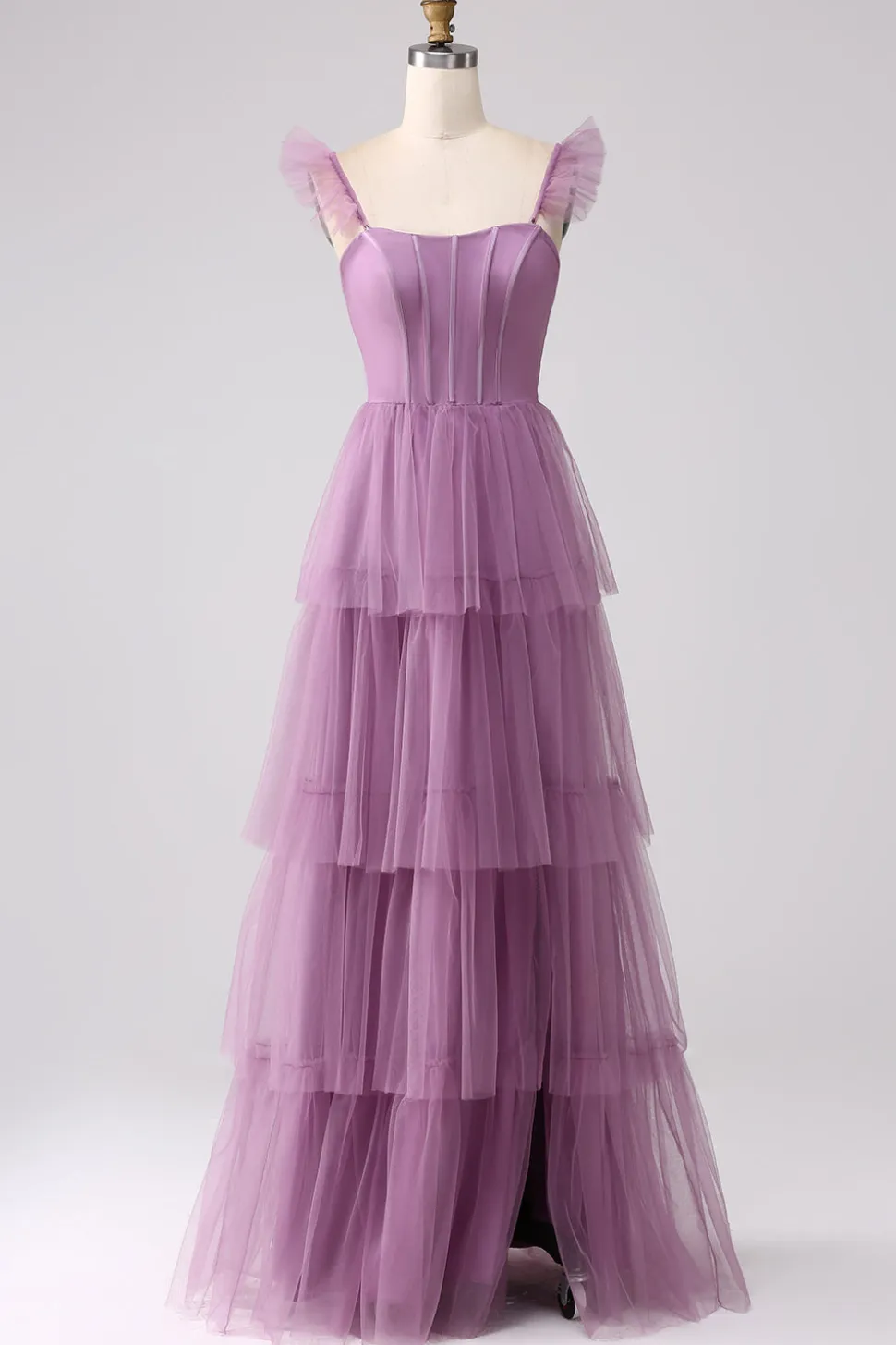 Roxo A Line Tulle Tiered plissado longo vestido de baile com fenda