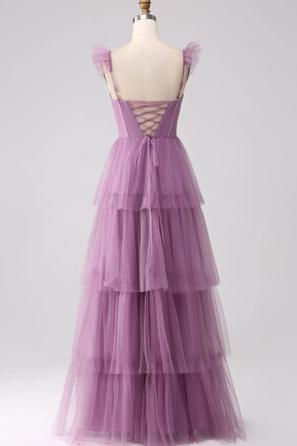 Roxo A Line Tulle Tiered plissado longo vestido de baile com fenda