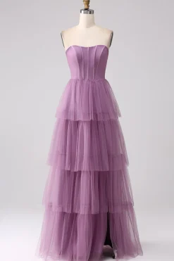 Roxo A Line Tulle Tiered plissado longo vestido de baile com fenda