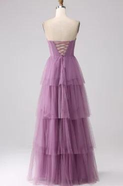 Roxo A Line Tulle Tiered plissado longo vestido de baile com fenda