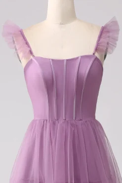 Roxo A Line Tulle Tiered plissado longo vestido de baile com fenda