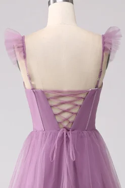 Roxo A Line Tulle Tiered plissado longo vestido de baile com fenda