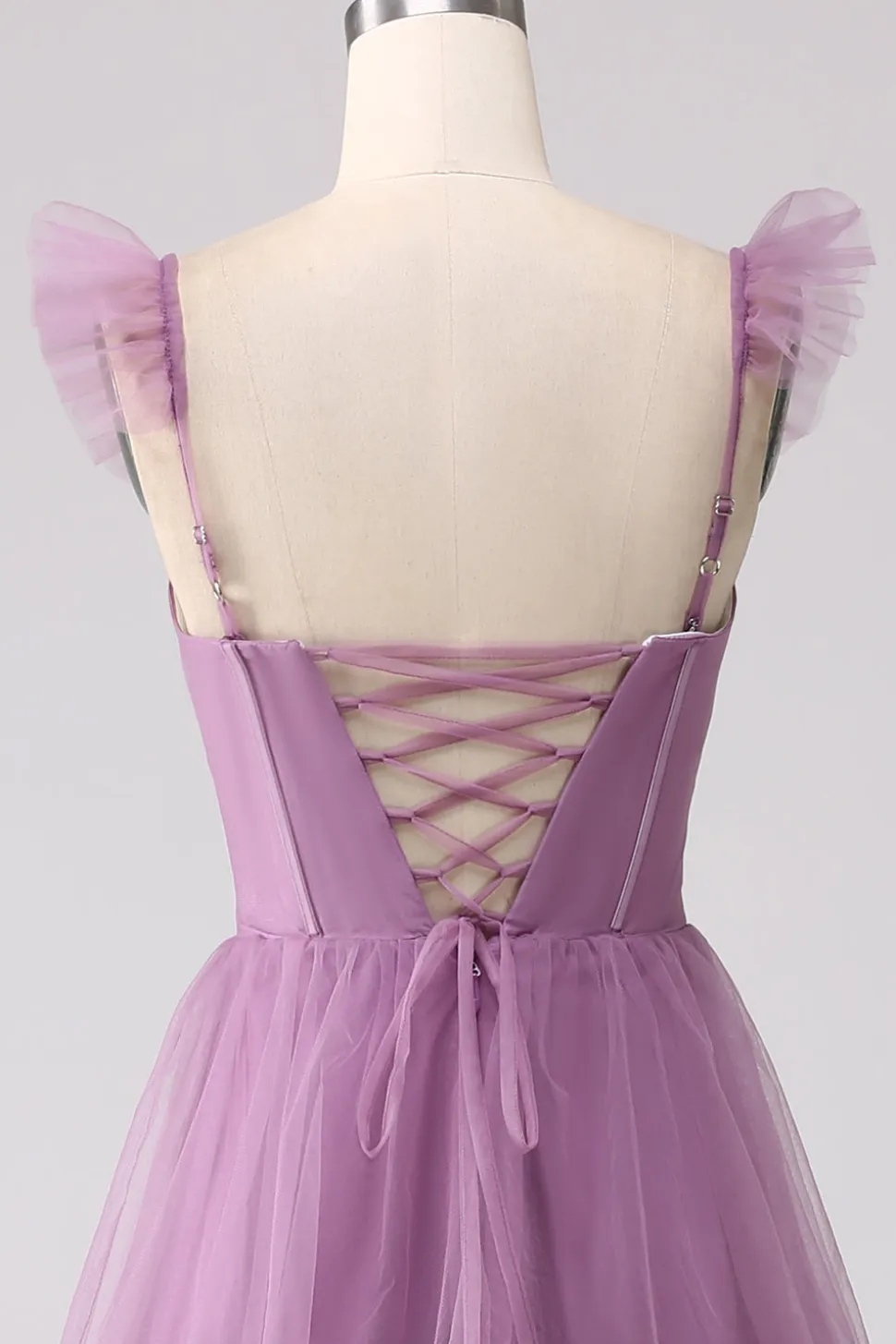 Roxo A Line Tulle Tiered plissado longo vestido de baile com fenda