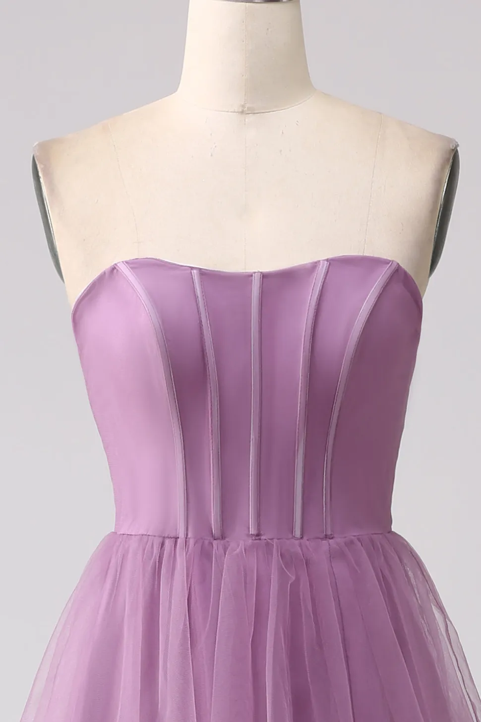 Roxo A Line Tulle Tiered plissado longo vestido de baile com fenda
