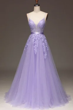 Roxo A-Line Espaghetti Correias Long Beaded e Tule Prom Dress com Apliques