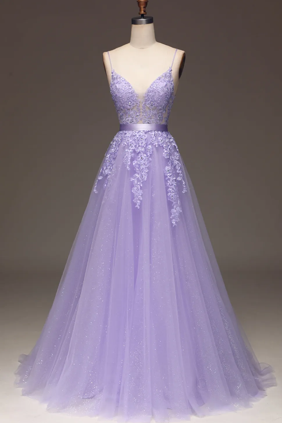 Roxo A-Line Espaghetti Correias Long Beaded e Tule Prom Dress com Apliques