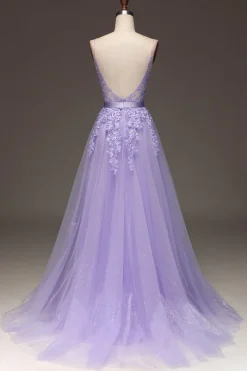 Roxo A-Line Espaghetti Correias Long Beaded e Tule Prom Dress com Apliques