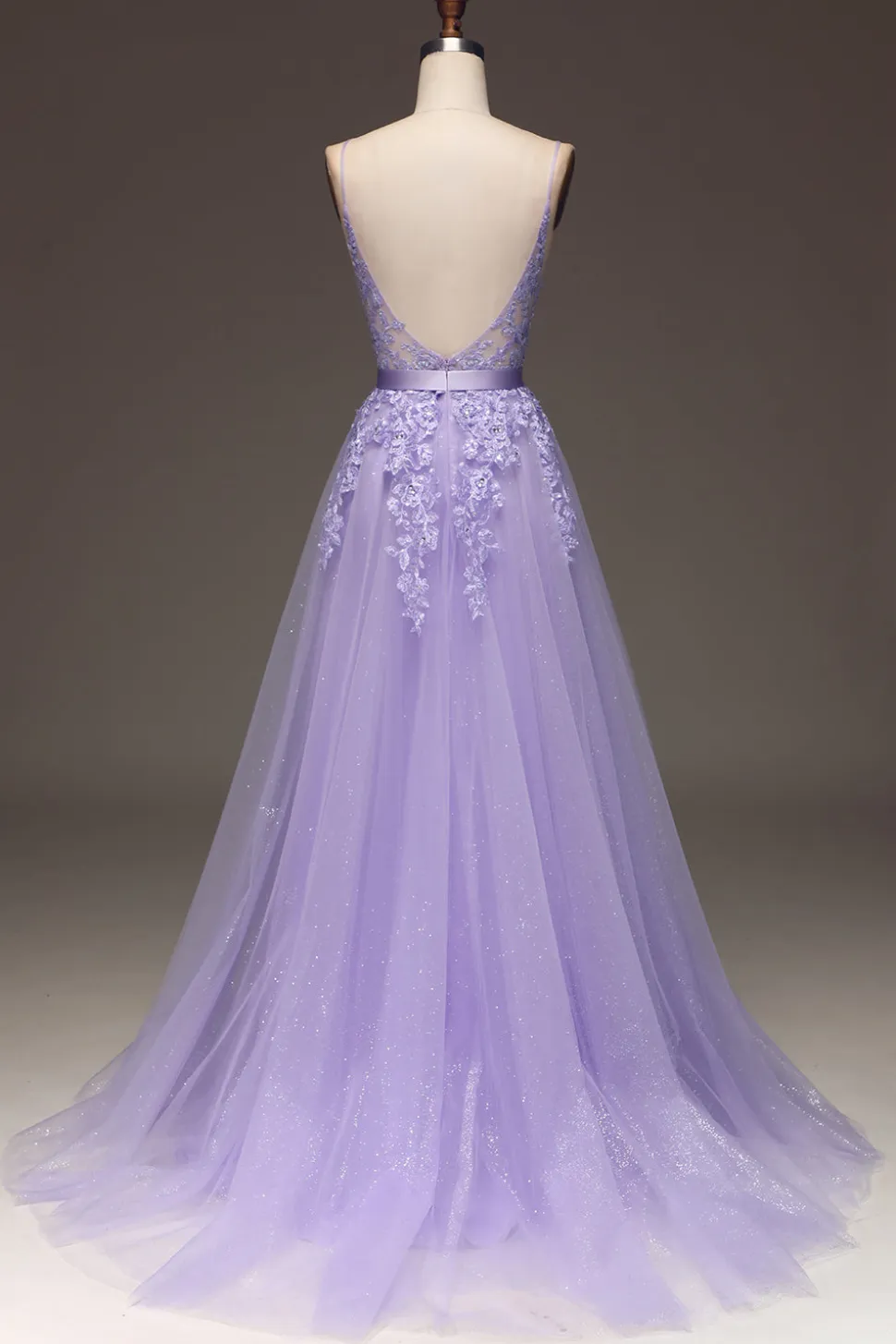 Roxo A-Line Espaghetti Correias Long Beaded e Tule Prom Dress com Apliques