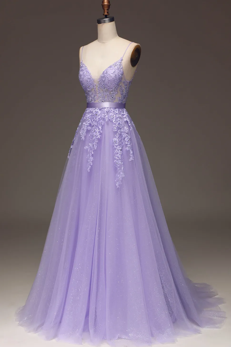 Roxo A-Line Espaghetti Correias Long Beaded e Tule Prom Dress com Apliques