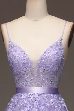 Roxo A-Line Espaghetti Correias Long Beaded e Tule Prom Dress com Apliques