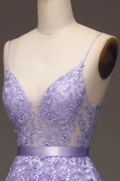 Roxo A-Line Espaghetti Correias Long Beaded e Tule Prom Dress com Apliques