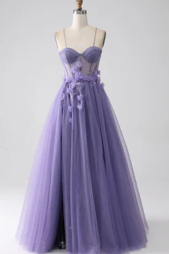 Roxo A-Line Espaghetti Straps Corset Prom Dress com flores 3D