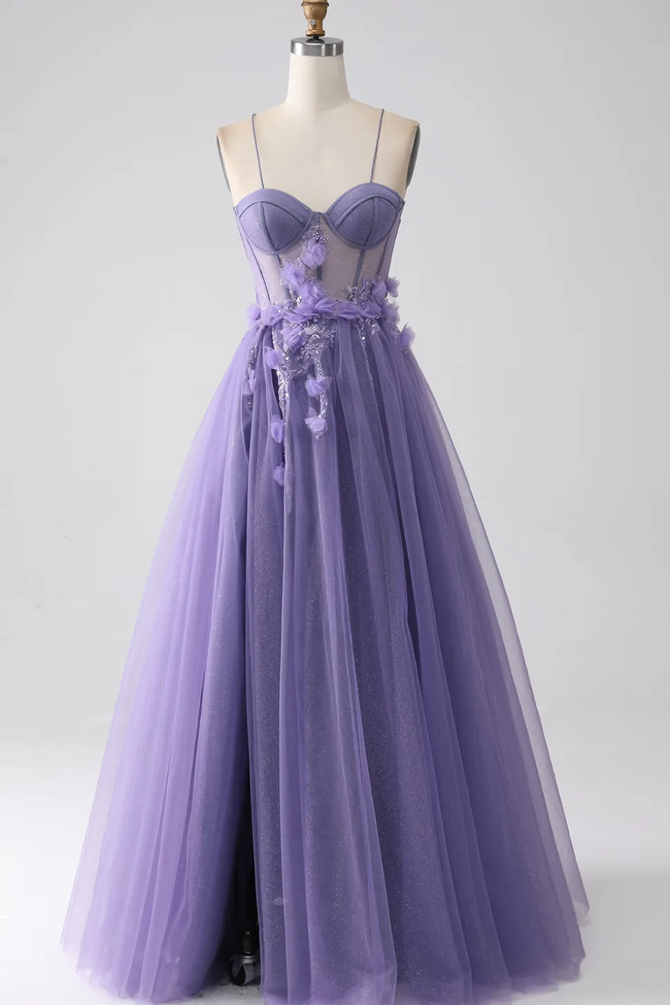 Roxo A-Line Espaghetti Straps Corset Prom Dress com flores 3D