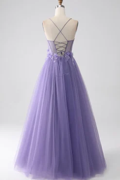 Roxo A-Line Espaghetti Straps Corset Prom Dress com flores 3D