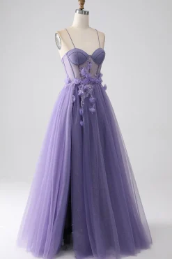 Roxo A-Line Espaghetti Straps Corset Prom Dress com flores 3D