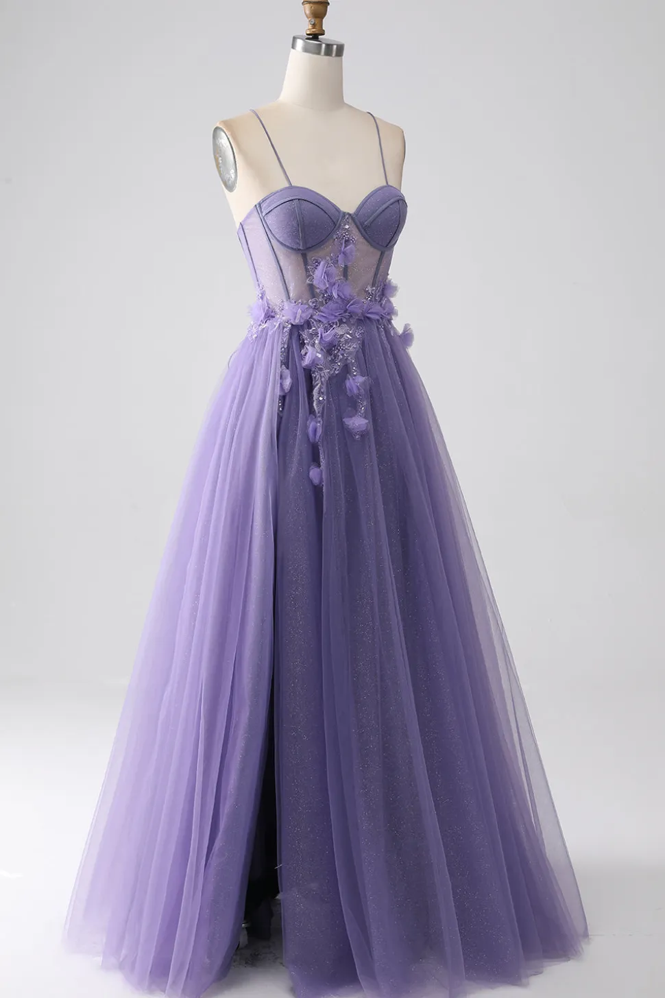 Roxo A-Line Espaghetti Straps Corset Prom Dress com flores 3D