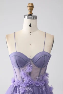 Roxo A-Line Espaghetti Straps Corset Prom Dress com flores 3D