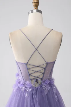 Roxo A-Line Espaghetti Straps Corset Prom Dress com flores 3D