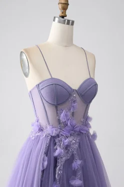 Roxo A-Line Espaghetti Straps Corset Prom Dress com flores 3D
