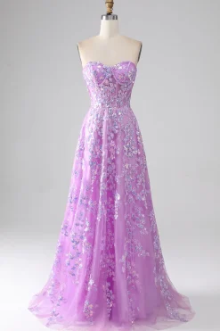 Roxo A-Line Strapless Corset Prom Dress com Appliques