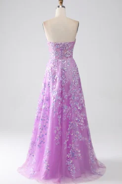 Roxo A-Line Strapless Corset Prom Dress com Appliques