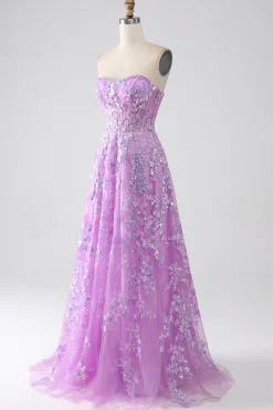 Roxo A-Line Strapless Corset Prom Dress com Appliques