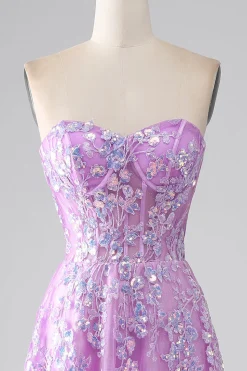 Roxo A-Line Strapless Corset Prom Dress com Appliques